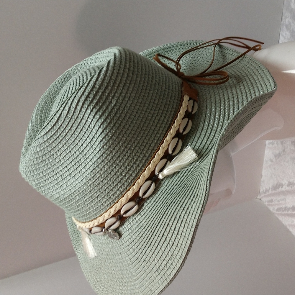 Unisex Woven Western Straw Beach Sun Hat Cowrie Cowry Shells Tassels Sage Green - Picture 2 of 15